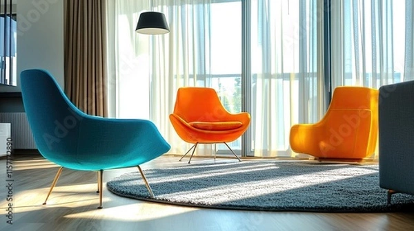 Obraz Modern Living Room with 3 Colorful Armchairs