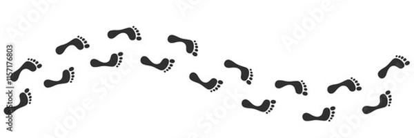 Obraz Black human prints footpath. Barefoot silhouettes path. Steps or footprints of walking person. Vector illustration isolated on white background.