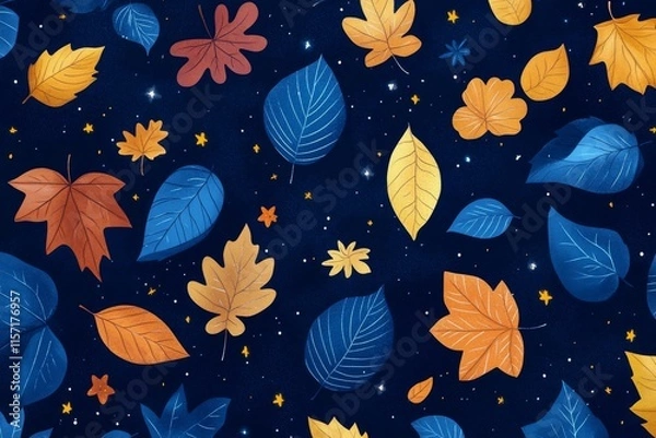 Fototapeta Colorful autumn leaves create a stunning blue background with twinkling stars