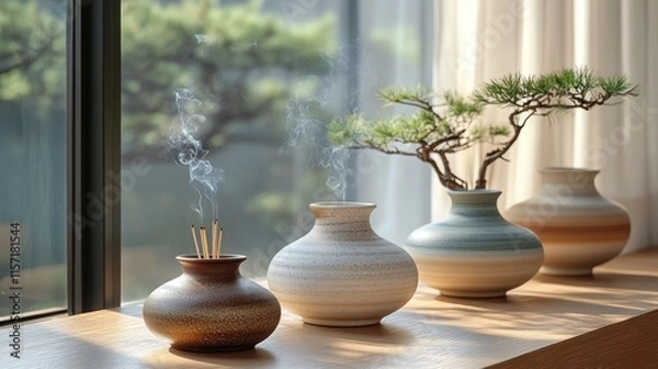 Fototapeta Incense burning in ceramic vase on window sill with bonsai.