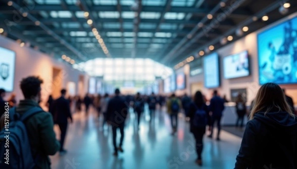Fototapeta Blurred expo hall teeming with people. Attendees walk through event. Displays, screens visible. Large hall filled with many people. Busy event space. Plenty of people noisy. Business trade show. Lots