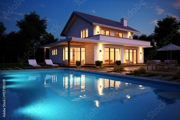 Fototapeta A contemporary swimming pool designed in a unique shape, situated in a stylish home lawn with elegant landscaping. The pool is framed by modern patio furniture and beautiful outdoor lighting