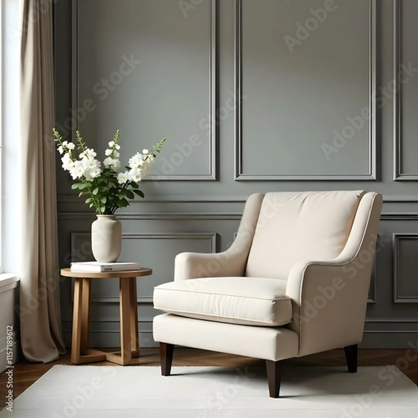 Fototapeta A cozy and elegant living room with a beige armchair, a wooden side table with a vase of white flowers, and a gray paneled wall