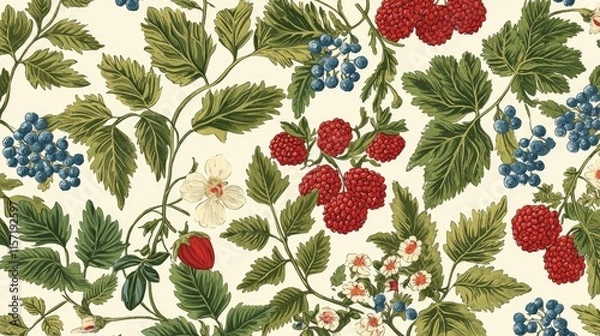 Fototapeta Seamless pattern of botanical illustrations featuring raspberries, blueberries, strawberries, and blossoms on a cream background.
