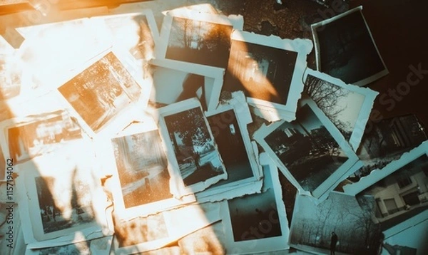 Fototapeta A pile of old photographs with a person in the middle