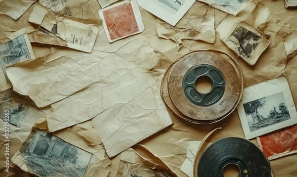 Fototapeta A bunch of old photos and a roll of tape