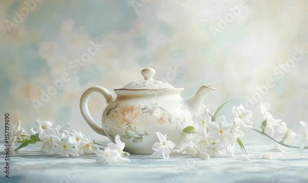 Fototapeta A white tea pot with flowers on it