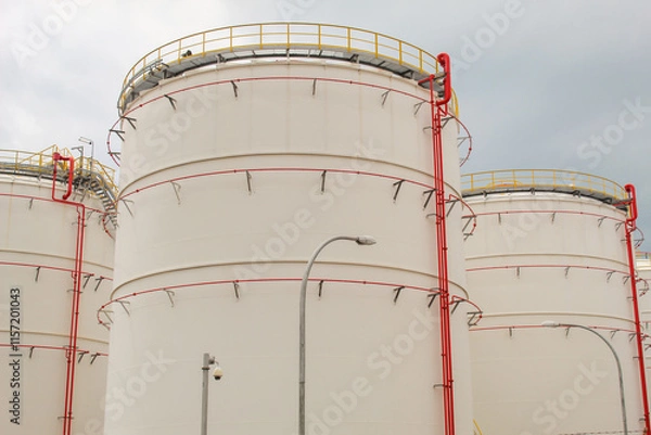 Obraz industrial chemical tank or oil or gas storage tank in a factory. industrial tank with clear sky background. photo with low angle object