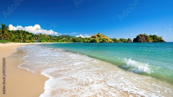 Fototapeta Idyllic Tropical Beach with Turquoise Waters and Lush Palm Trees in Paradise Destination