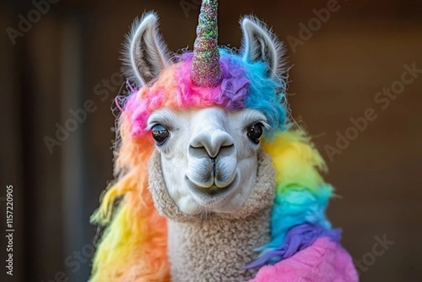 Fototapeta A whimsical llama sports a rainbow mane and a glittering horn, resembling a unicorn, creating a fantasy-like and joyful appearance in vivid colors.