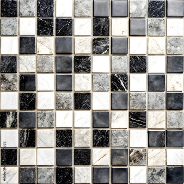 Fototapeta Gray and white mosaic marble wall tile texture in geometric square shape pattern for background and wallpaper, monochrome
