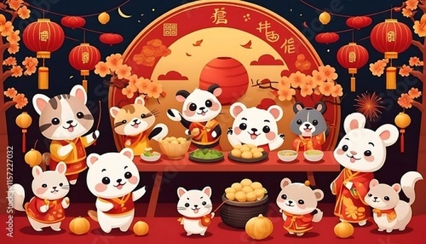 Obraz Playful cartoon-style Lunar New Year scene with adorable animals hosting a festival, complete with dumplings, lanterns, and fireworks