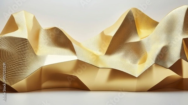 Fototapeta A modern, abstract sculpture featuring undulating, textured surfaces in gold and cream, resembling a flowing landscape.