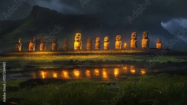 Fototapeta Moai Statues with Glowing Reflections in a Mystical Setting