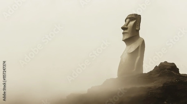 Fototapeta Mysterious Moai Statue in Foggy Atmosphere