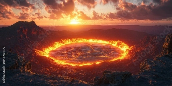 Fototapeta Hyperrealistic Alien Crater with Glowing Lava Lake and Sunset