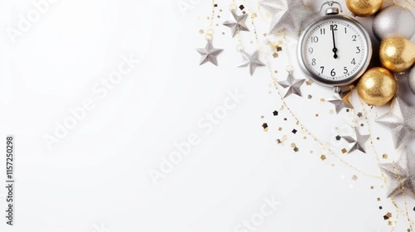 Fototapeta Elegant New Year Celebration Background with Silver and Gold Decorative Elements, Clock, Stars, and Confetti - Flat Lay Style with Free Text Space