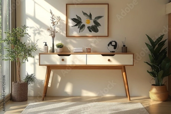 Fototapeta Minimalist entryway interior with cream-colored console table, wooden legs, framed artwork, potted plants, and decorative items. Bright poster above.