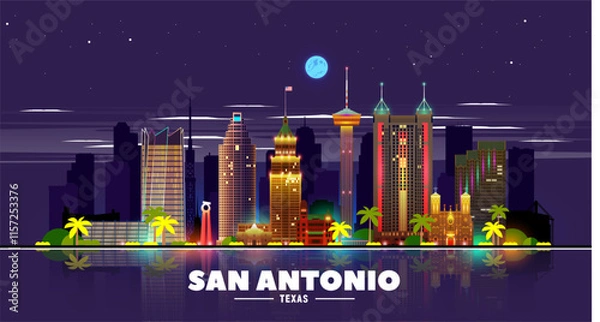 Fototapeta San Antonio vector night skyline. Business travel and tourism concept with modern buildings. Image for banner or web site.