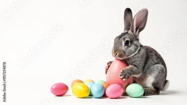 Fototapeta Cute bunny holds an Easter egg in his paws, there are many eggs around, white background. Place for text, congratulations. Happy Easter day concept and idea