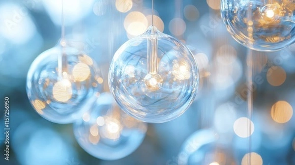 Fototapeta Transparent Glass Orbs with Warm Light Against Soft Blue Background