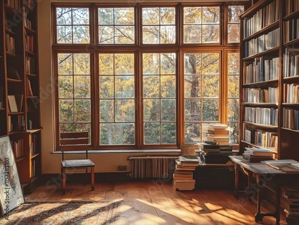 Fototapeta Cozy reading nook with autumn view home library photographic scene warm environment inside perspective tranquility in nature