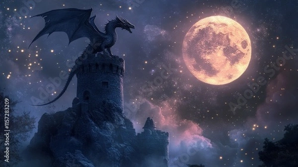 Fototapeta Majestic dragon soaring over ancient castle under full moon fantasy art night sky enigmatic atmosphere