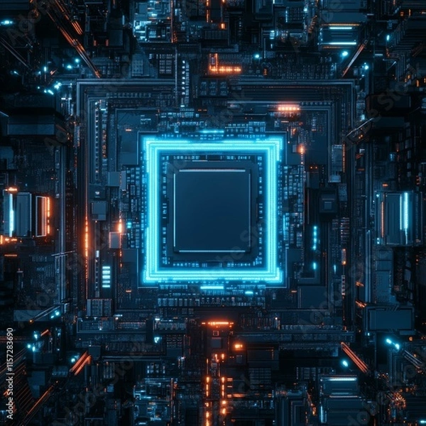 Fototapeta Complex Circuitry and Glowing Elements Create an Intricate Digital Landscape Showcasing Advanced Technology and Innovation in a Futuristic City Setting