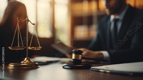 Fototapeta Professional Law Firm Office with Legal Documents and Scales of Justice : Generative AI