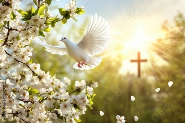 Fototapeta In a serene Easter scene, a white dove flies through a vibrant landscape of blossoming trees and a radiant cross, symbolizing the renewal, peace, and hope of spring and the joy of the celebration