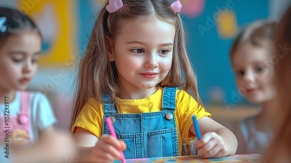 Fototapeta Smiling Child Focused on Drawing Activity in Creative Educational Environment : Generative AI