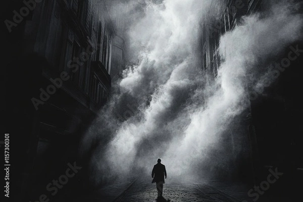Fototapeta Mysterious figure stands alone amidst swirling fog in an urban l
