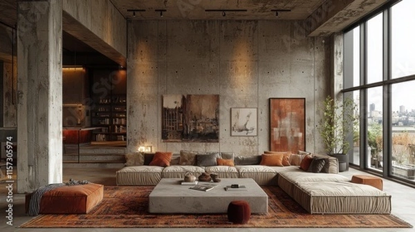 Fototapeta A contemporary living room featuring a spacious layout with plush seating, warm colors, and large windows offering city views, reflecting an urban ethnicity.