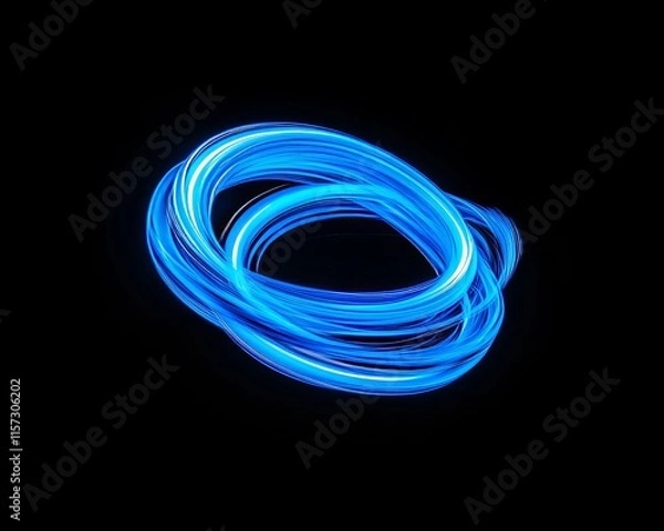 Fototapeta A vibrant neon light painting featuring an abstract luminous swirl with a moving tail, set against a black background.