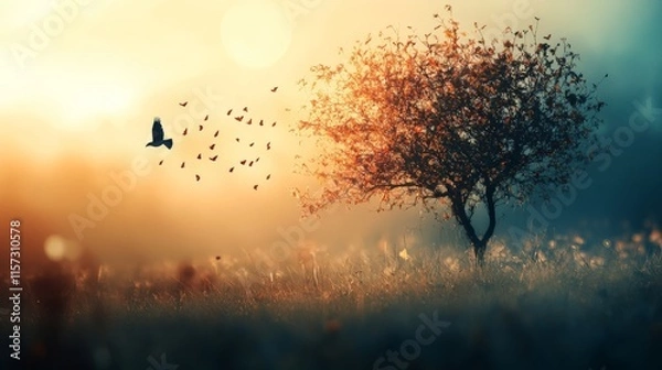Obraz Serene Sunset: A Lone Tree and Departing Birds