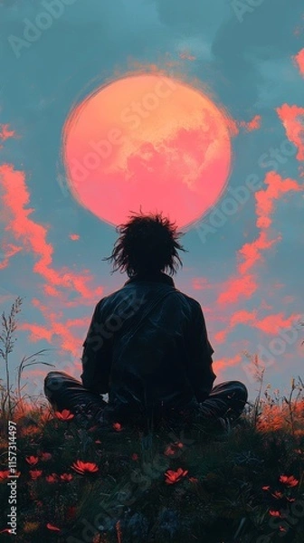 Fototapeta Person Sits in a Meditative Pose on Grass While Watching a Large Pink-Orange Moon Rise Against a Backdrop of Colorful Clouds at Dusk