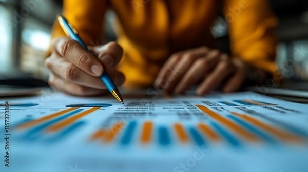 Fototapeta Close-up of a Person Analyzing Financial Data with a Pen