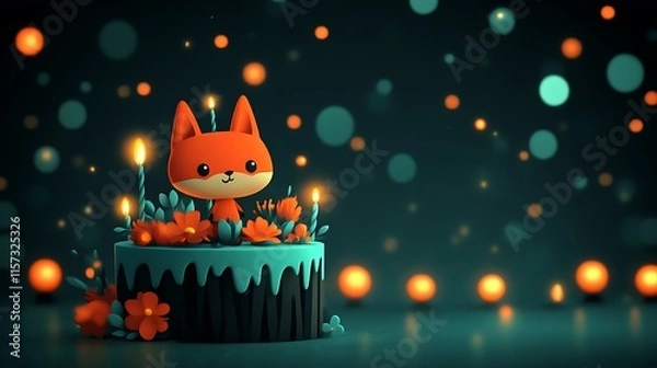 Fototapeta Cute fox on birthday cake with candles.
