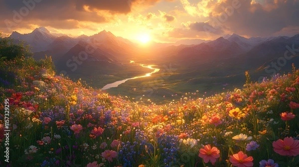 Fototapeta Sunset Mountain Meadow