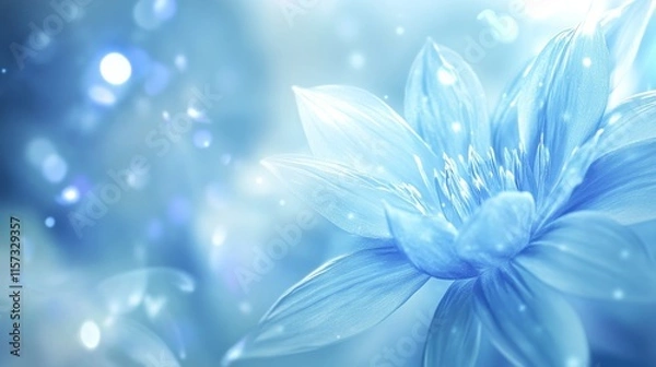 Fototapeta Delicate Blue Flower Blooming in a Serene and Dreamy Atmosphere With Soft Lights and Gentle Reflections All Around