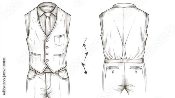 Fototapeta Vector Sketch of Men's Suit Vest and Trousers with Front and Back Views, Featuring Buttons and Arrows