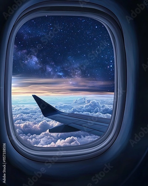Fototapeta Illustrated airplane window with starry night the dark Starry night view through airplane window Illustrated window scene with cosmic skies Airplane window framing a dark starlit sky