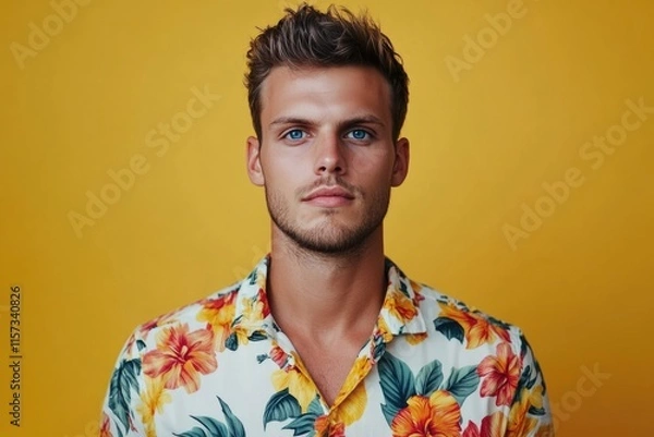 Fototapeta Serious young man with blue eyes on vacation.