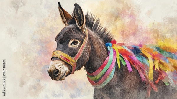 Fototapeta donkey adorned with colorful festival ribbons stands against vibrant, artistic background, exuding lively and festive atmosphere