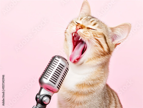 Fototapeta A ginger cat meowing into a vintage microphone against a pink background. A humorous take on animals and music, ideal for creative projects.