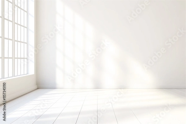 Fototapeta An empty white room flooded with natural light, providing ample copy space, ideal for interior design, product mockups, or minimalist concepts.