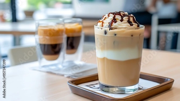 Fototapeta Iced Caramel Latte Coffee Drink with Whipped Cream