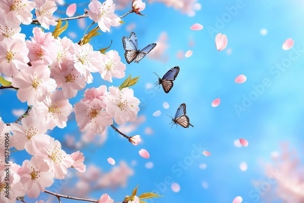 Fototapeta In a serene spring scene, cherry blossoms bloom vibrantly, and butterflies flutter among delicate petals, capturing the enchanting beauty of Easter and the joy of this lovely season
