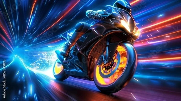 Fototapeta High-speed motorcyclist with neon light trails in a tunnel