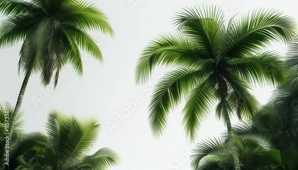 Fototapeta Lush Tropical Palm Trees Against Soft Background in Vibrant Green Shades and Natural Light